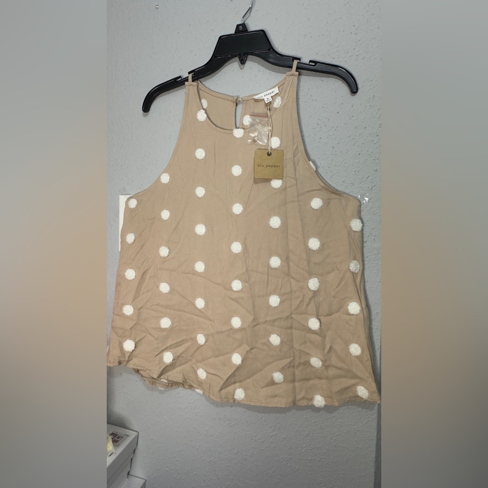 Blu Pepper Beige Tank with White Pom Dot Trim